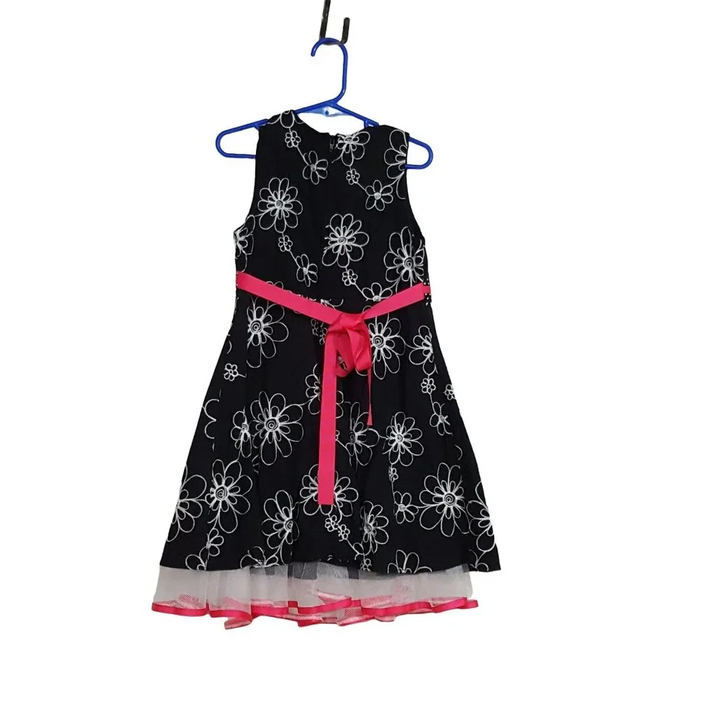 Girls Size 6 Dress Sleeveless Black Embroidered Floral Pink Bow Tulle‎ Trim